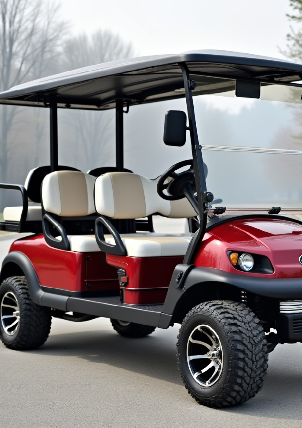 2 seater black EzGo golf cart seen from front right