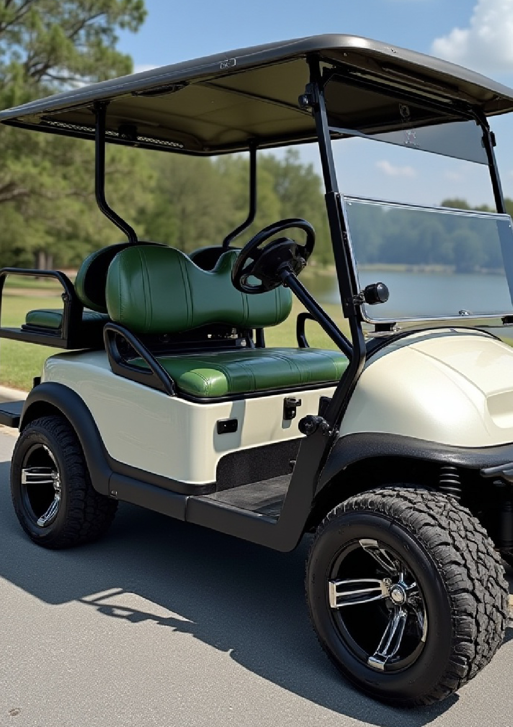 4 seater white golf cart seen from front right