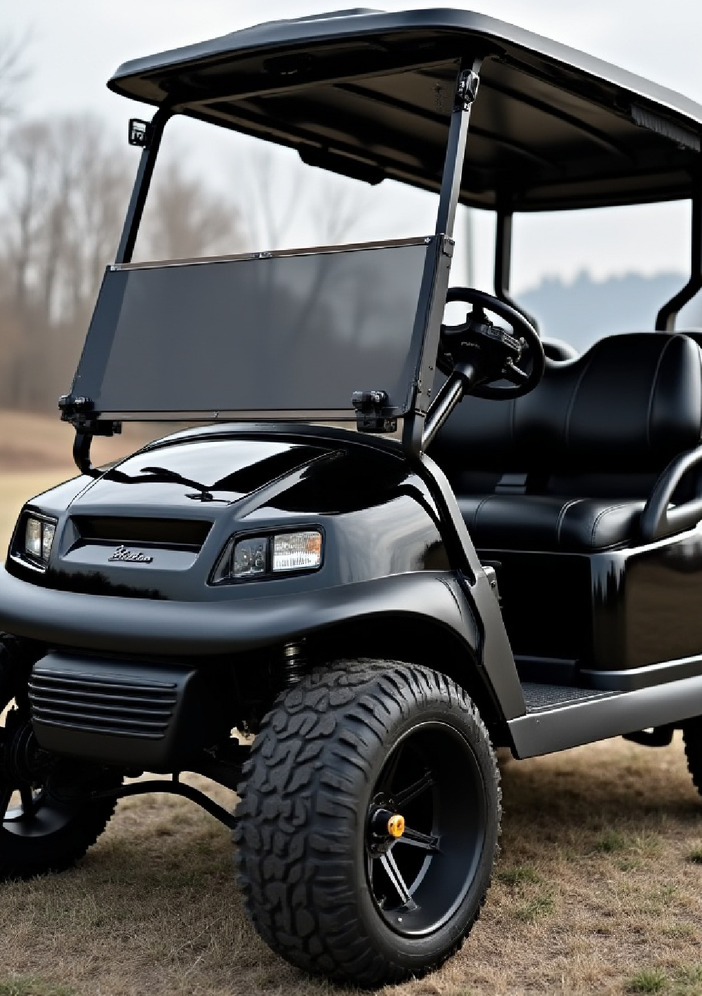4 seater Black EzGo golf cart seen from front right
