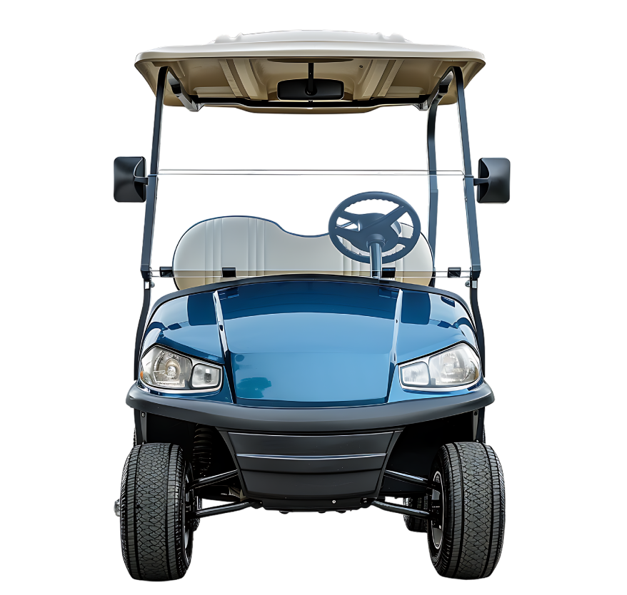 4 seater white golf cart seen from the left hand side